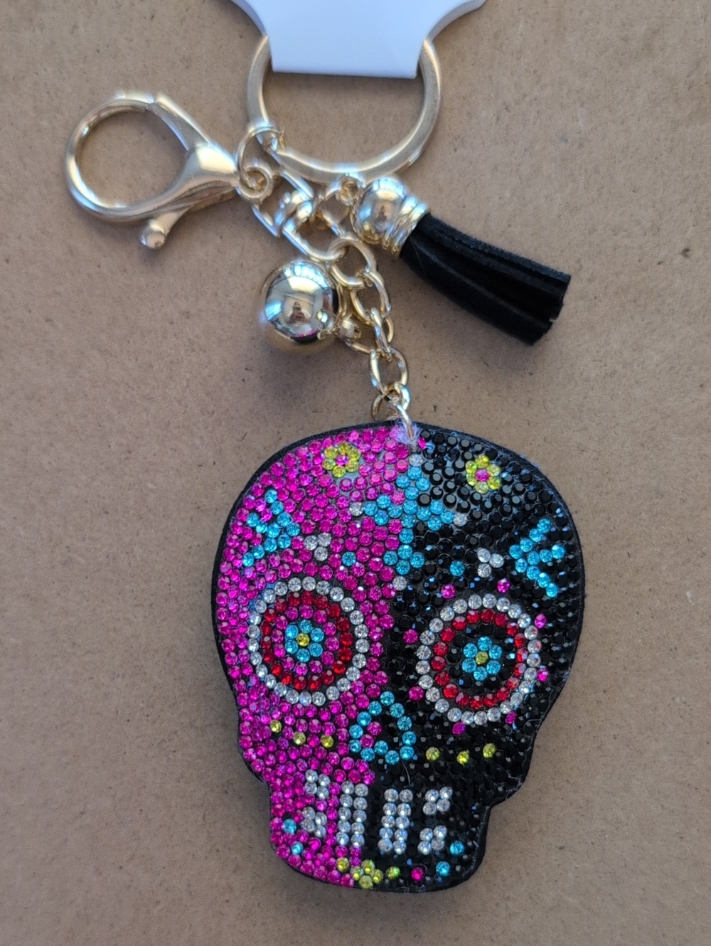 Rhinestone Sugar Skull Keychain - Black & Pink